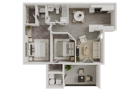 A top-down view of a house layout with a living room, kitchen, and two bedrooms.